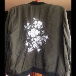 Army green bomber with flowers